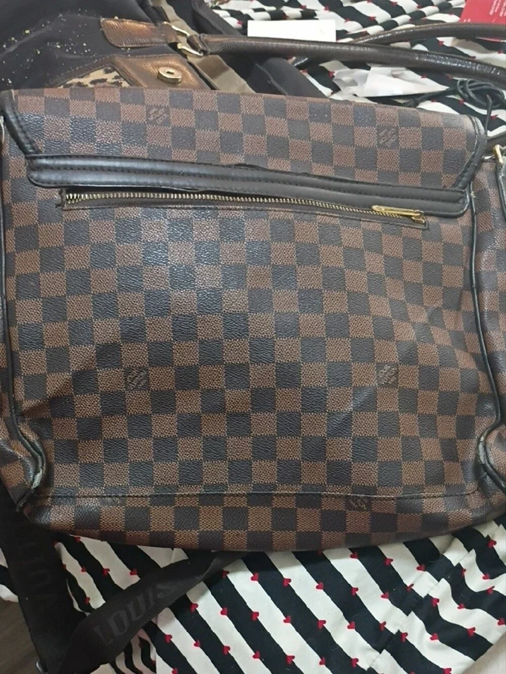 Louis Vuitton Brown Checkered Messenger Bag with Gold Hardware